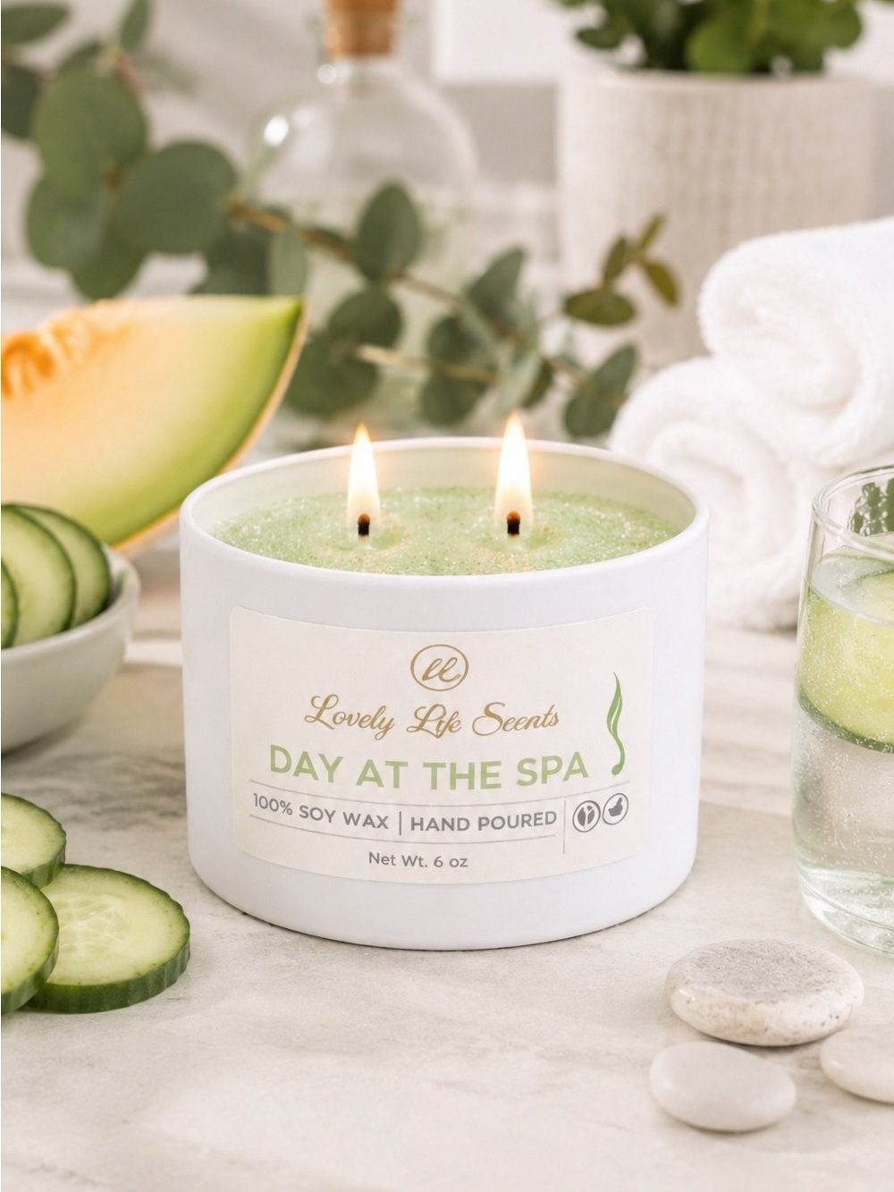 Day at the Spa Premium Soy Wax 6oz Double Wick Candle, Cucumber Water Scent - Picture 2 of 4